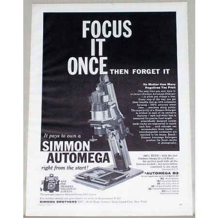 1957 Simmon Automega D3 Enlarger Vintage Print Ad - Focus It Once