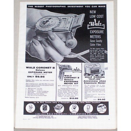 1957 Walz Coronet B Exposure Meters Vintage Print Ad - Save Color Film