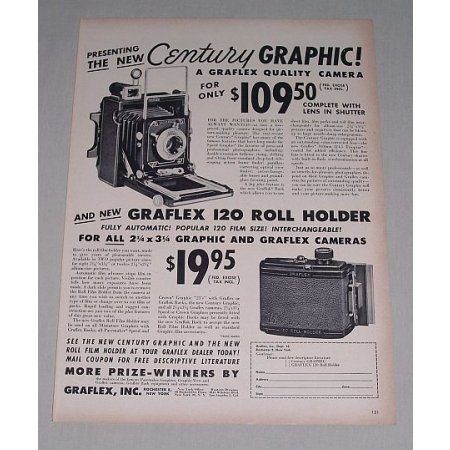 1949 Century Graflex Camera Graflex 120 Roll Holder Vintage Print Ad
