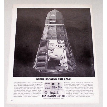 1961 GE General Electric Sure Fire 5 Flashbulbs Space Capsule Vintage Print Ad
