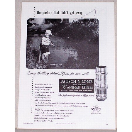 1953 Baush Lomb Animar Lenses Boy Fishing Vintage Print Ad