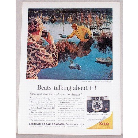 1961 Kodak Automatic 35B Camera Duck Hunting Decoy Color Print Ad