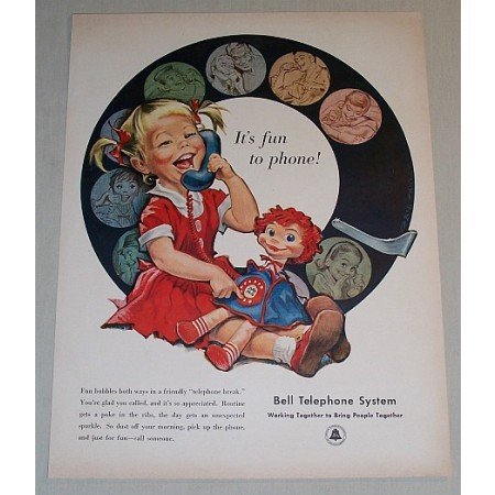 1958 Bell Telephone System Girl Baby Doll Color Art Ad - Fun To Phone