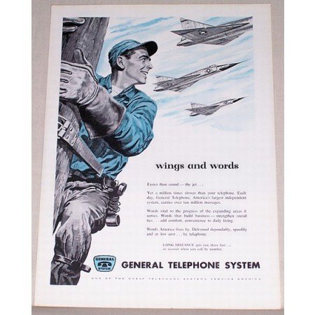 1955 General Telephone System Color Pole Climber Lineman Art Vintage Print Ad - Wings And Word
