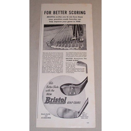 1948 Bristol Golf Clubs Vintage Print Ad - For Better Scoring