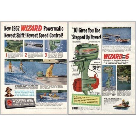 1952 Wizard Powermatic Super 10 Outboard Motor 2 Page Color Print Ad