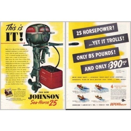 1951 Johnson Sea Horse 25 Outboard Motor 2 Page Color Print Ad