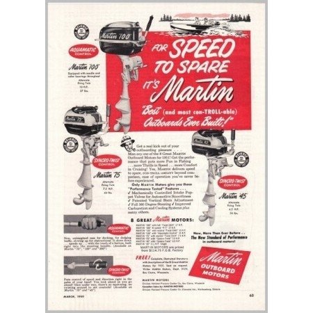 1951 Martin Outboard Boat Motors Vintage Print Ad - For Speed To Spar