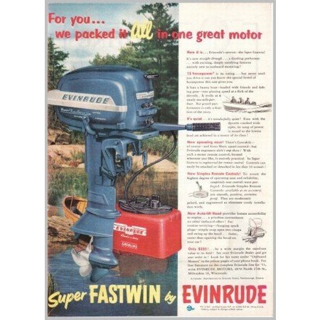 1952 Super Fastwin Evinrude Outboard Boat Motor Color Print Ad