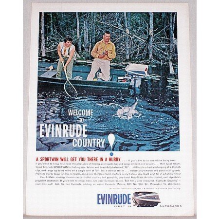 1961 Evinrude Sportwin Outboard Motor Fishing Boat Color Print Ad