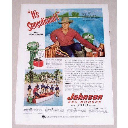 1952 Johnson Sea Horse Motor Color Print Ad Celebrity Gary Cooper