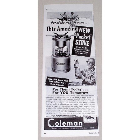 1944 Coleman Pocket Stove Wartime WWII Vintage Print Ad Out Of The War