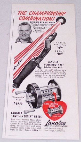 1951 Langley Anti-Inertia Reels Tubular Glass Rods Vintage Print Ad Fishing Celebrity Dick Miller