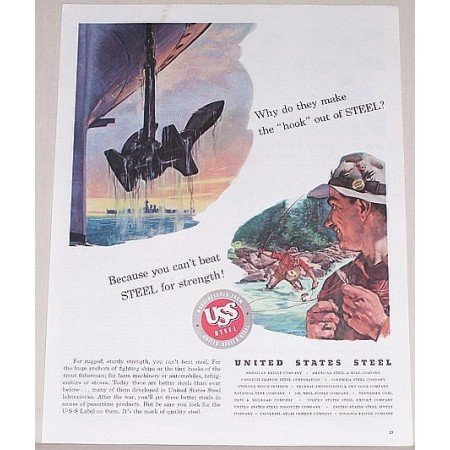 1945 United States Steel Color Fly Fishing Art Color Print Ad