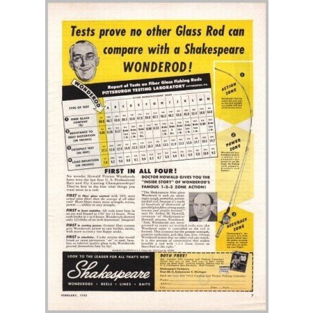 1952 Shakespeare Zone Action Wonder Rod Fishing Rod Color Print Ad