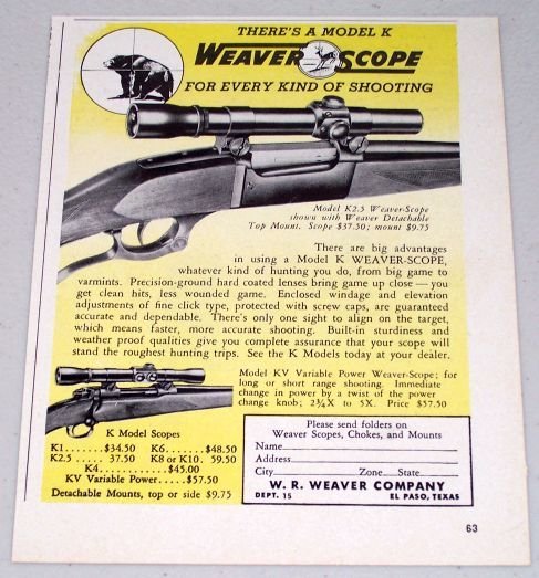 1951 Weaver Scope Model K2.5 Top Mount Vintage Print Ad