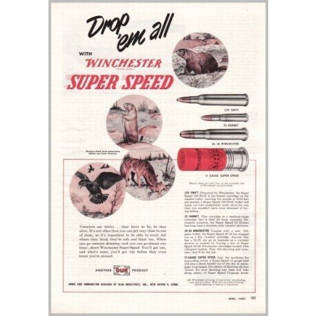 1953 Winchester Super Speed Shells Color Print Ad - Wild Game