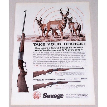 1962 Savage 99F & 99E Rifles Deer Art Color Print Ad
