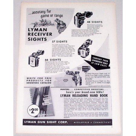 1957 Lyman Receiver Sights Vintage Print Ad - Accuracy For Game