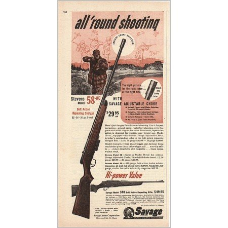 1955 Savage Stevens 58AC Bolt Action Shotgun Color Print Ad