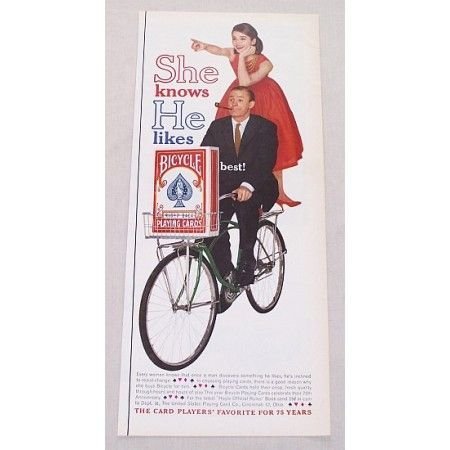 1961 Bicycle Rider Back Playing Cards Vintage Print Ad - Red Dress