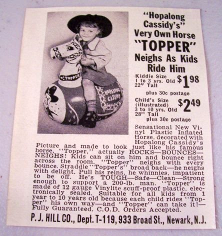 1952 Hopalong Cassidy Topper Inflatable Horse Vintage Toy Print Ad