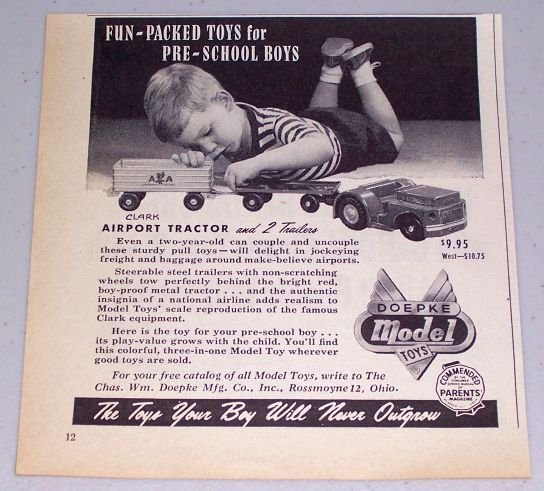1954 Doepke Model Toys Clark Airport Tractor 2 Trailers Vintage Toy Print Ad