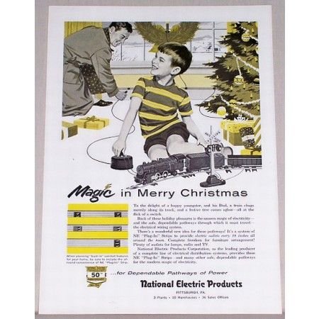 1955 National Electric Products Christmas Toy Train Set Color Print Art Ad