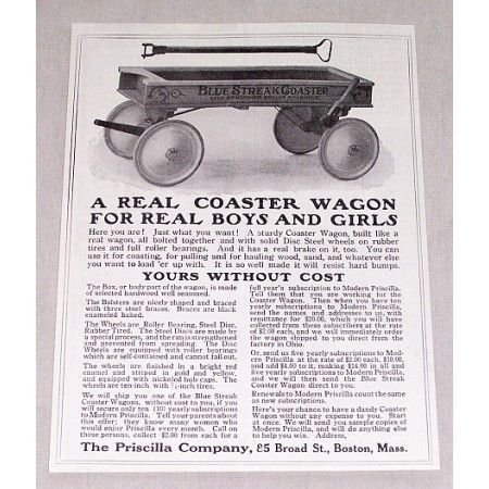 1923 Priscilla Co. Blue Streak Coaster Wood Wagon Vintage Print Ad