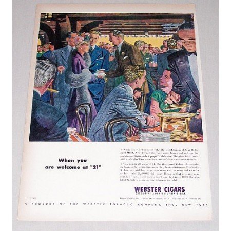 1946 Webster Cigars Color Print Art Ad - Welcome At 21 Club