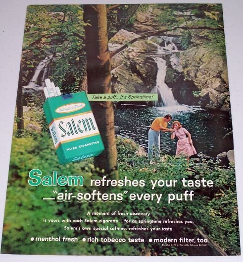 1962 Salem Cigarettes Outdoors Waterfall Color Tobacco Print Ad