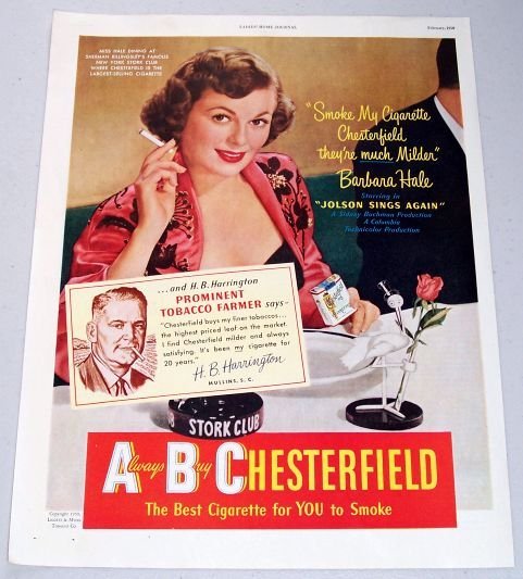 1950 Chesterfield Cigarettes New York Stork Club Color Print Ad Celebrity Barbara Hale