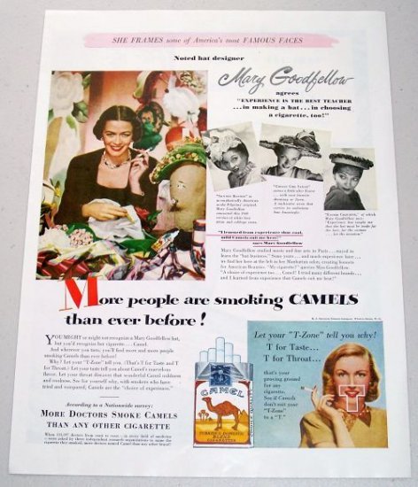 1948 Camel Cigarettes Color Tobacco Vintage Print Ad - Hat Designer Mary Goodfellow