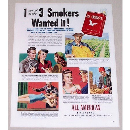 1944 All American Cigarettes Color Print Ad - Smokers Wanted It!
