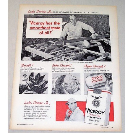 1957 Viceroy Cigarettes Vintage Print Ad Luke Detraz Jr Rice Grower