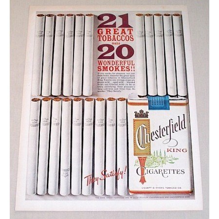 1962 Chesterfield Cigarettes Color Tobacco Vintage Print Ad