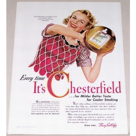 1942 Chesterfield Cigarettes Golden Jubilee Basketball Color Print Ad