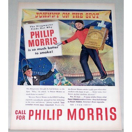 1947 Philip Morris Cigarettes Color Print Ad - Johnny On The Spot