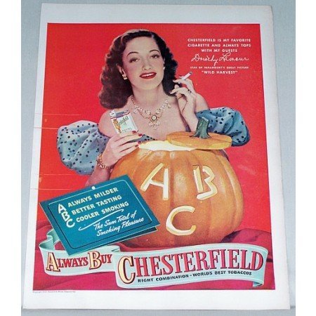1947 Chesterfield Cigarettes Color Print Ad Celebrity Dorothy Lamour