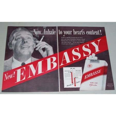 1949 Embassy Cigarettes 2 Page Color Print Ad