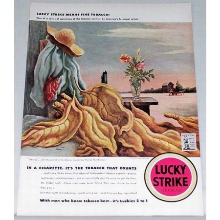 1942 Lucky Strike Cigarettes Benton Art Color Tobacco Print Ad