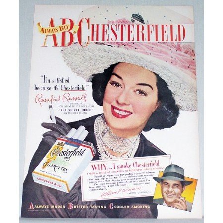 1948 Chesterfield Cigarette Color Print Ad Celebrity Rosalind Russell