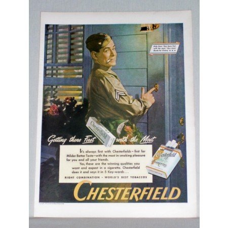 1944 Chesterfield Cigarettes Wartime WWII Color Print Ad - Getting There