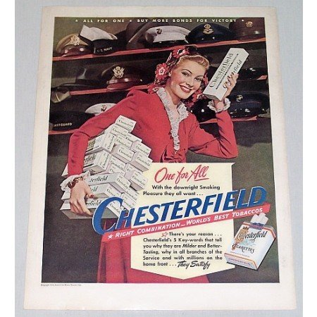 1944 Chesterfield Cigarettes Wartime WWII Color Print Ad - One For All