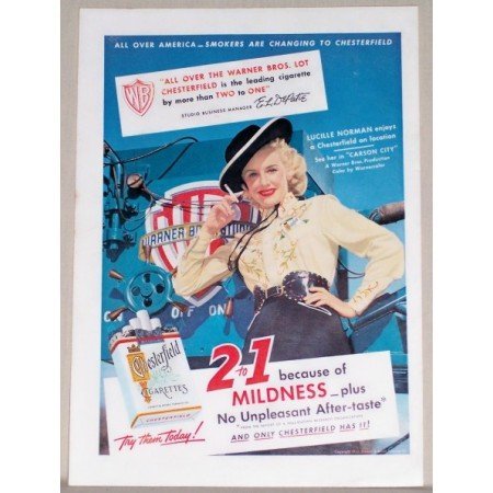 1952 Chesterfield Cigarettes Color Print Ad Celebrity Lucille Norman
