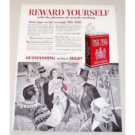 1954 Pall Mall Cigarettes Clown Circus Art Vintage Print Ad
