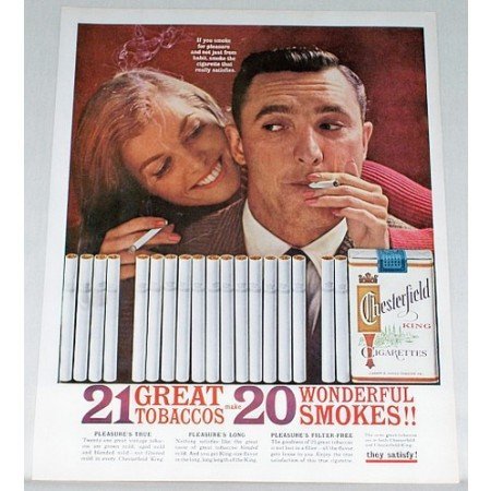 1961 Chesterfield Cigarettes Color Tobacco Print Ad