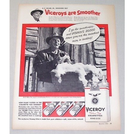 1956 Viceroy Cigarettes Vintage Tobacco Print Ad HC Miller Cotton Grower
