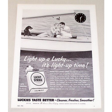 1955 Lucky Strike Cigarettes Sailing Vintage Tobacco Print Ad - Wish You Were Here
