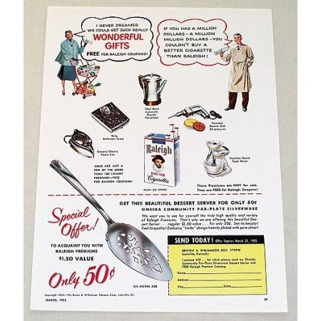 1955 Raleigh Cigarette Oneida Dessert Server Offer Color Print Ad